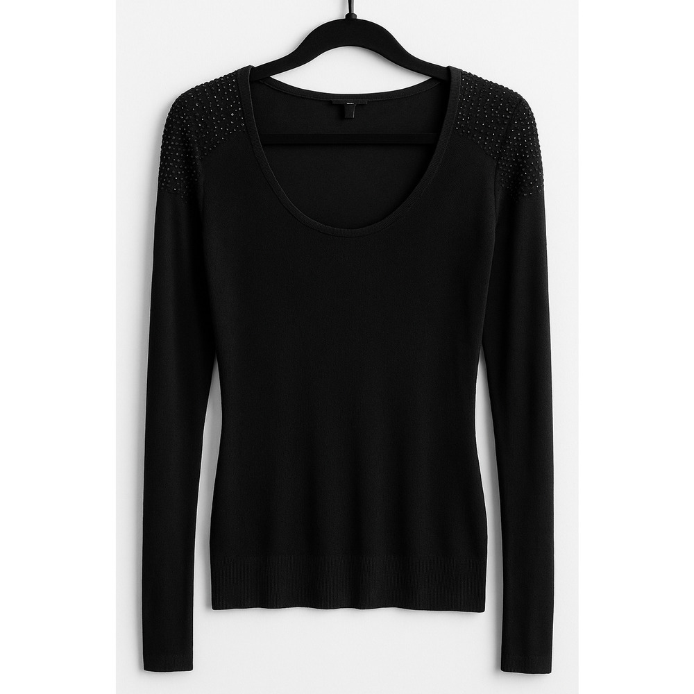 Express Black Rhinestone Shoulder Scoop Neck Sweater – Size M